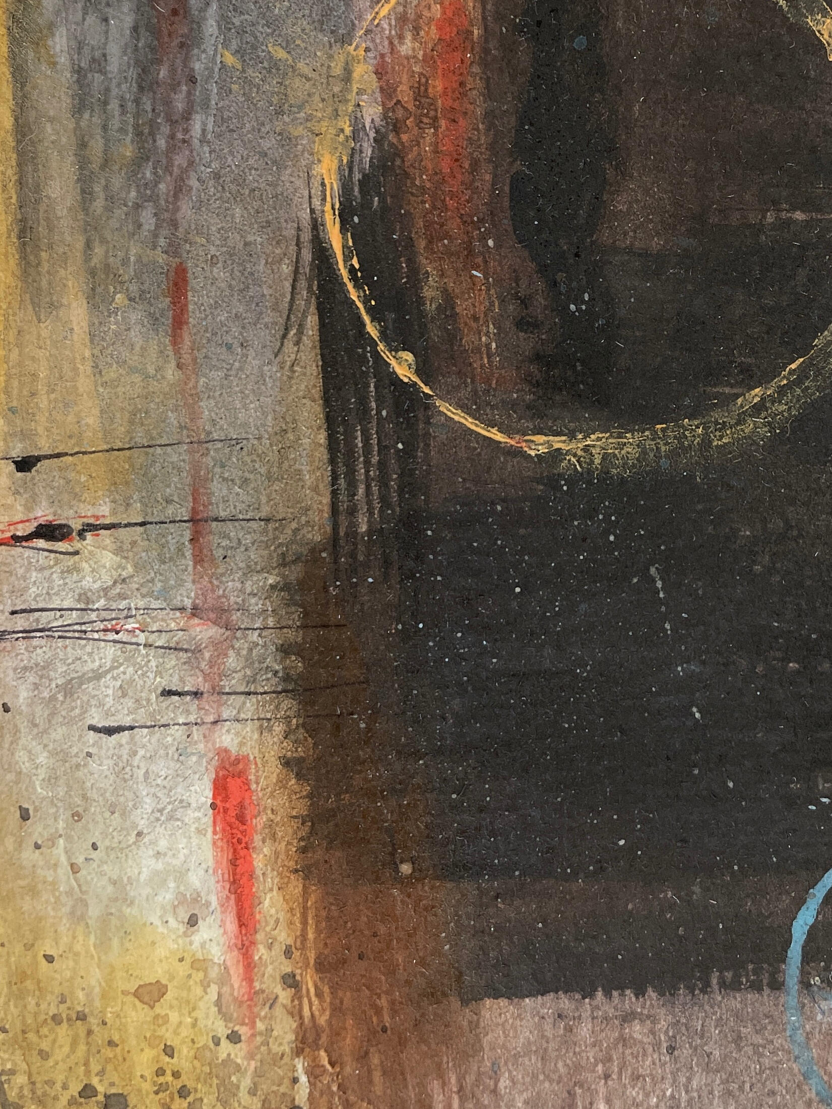 Close-up detail of the mixed-media painting Just Grabbing My Carrot, showing layered textures, brushstrokes and surface detail.