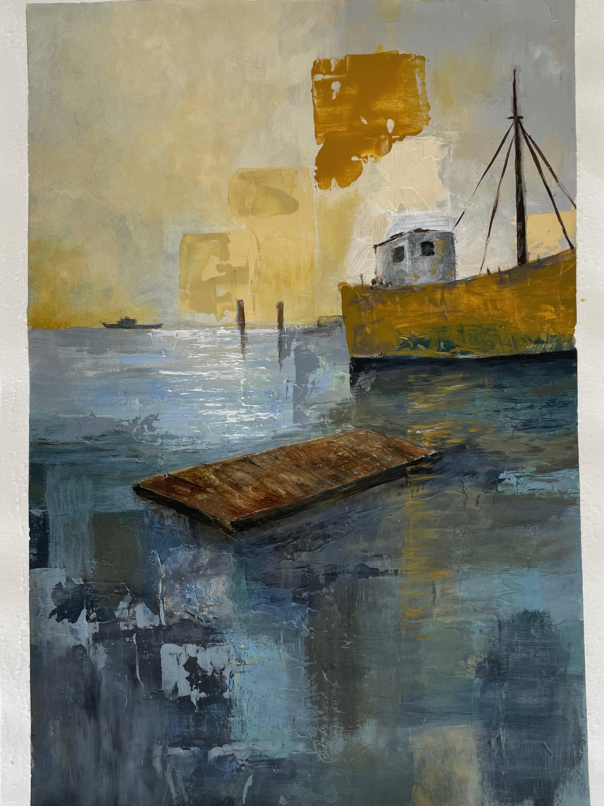 An Agreement With Uncertaintiy Mixed-media painting depicting a large body of water beneath an industrial platform, with a distant ship on the horizon and textured blue and grey surfaces.
