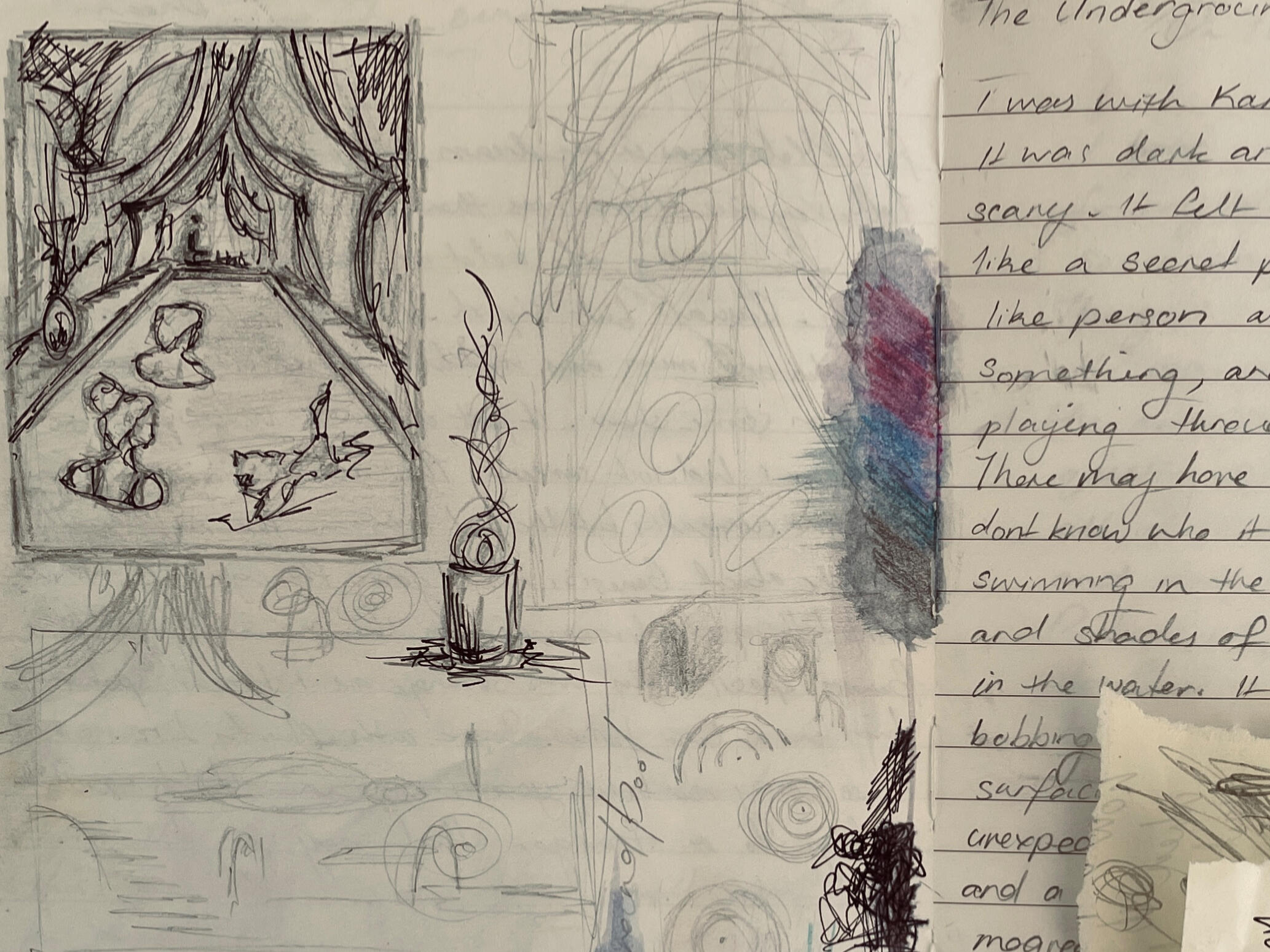 Sketchbook page with drawings and notes related to the development of The Underground Pool.