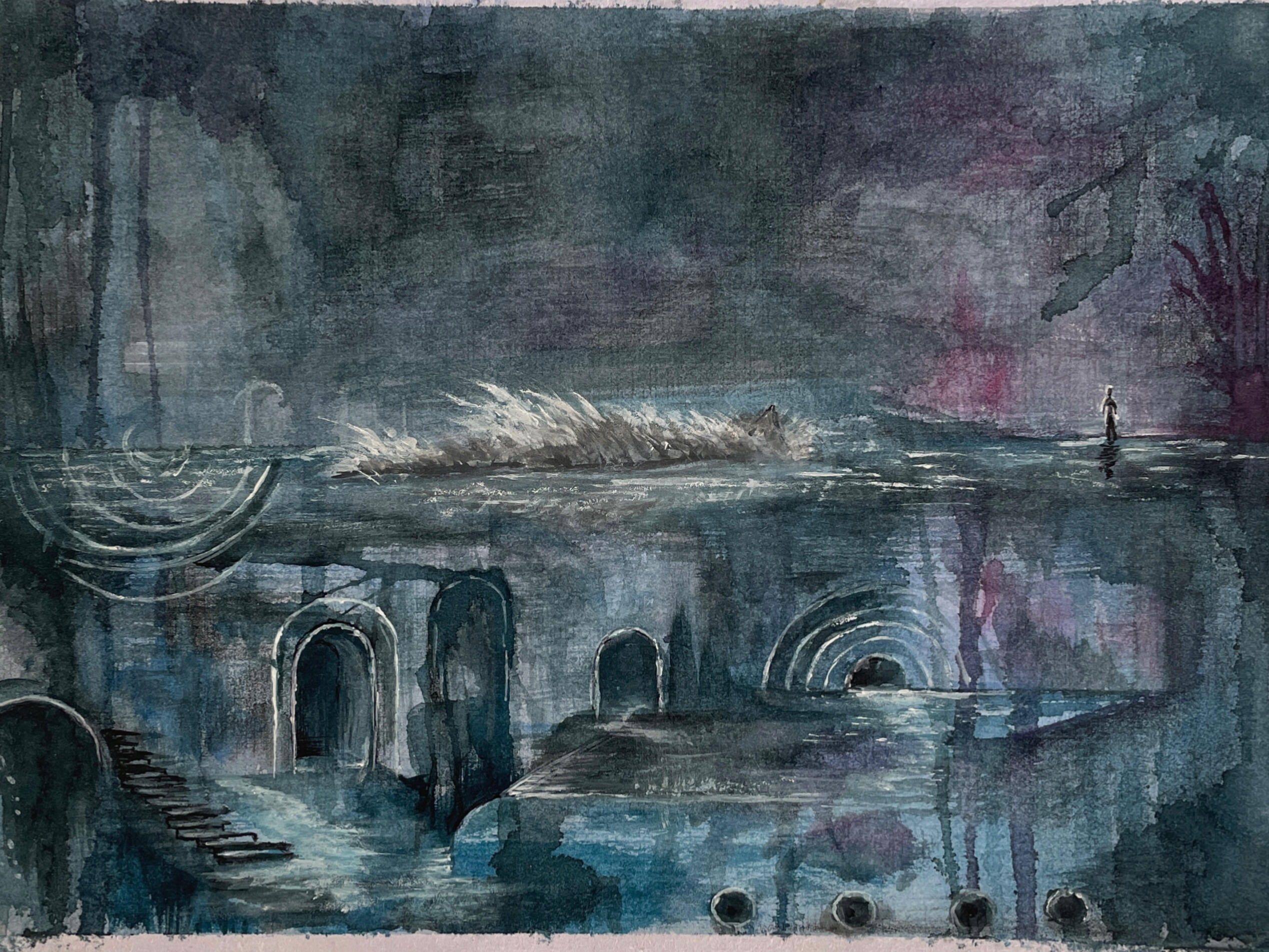 An Agreement With Uncertaintiy Mixed-media painting depicting a large body of water beneath an industrial platform, with a distant ship on the horizon and textured blue and grey surfaces.