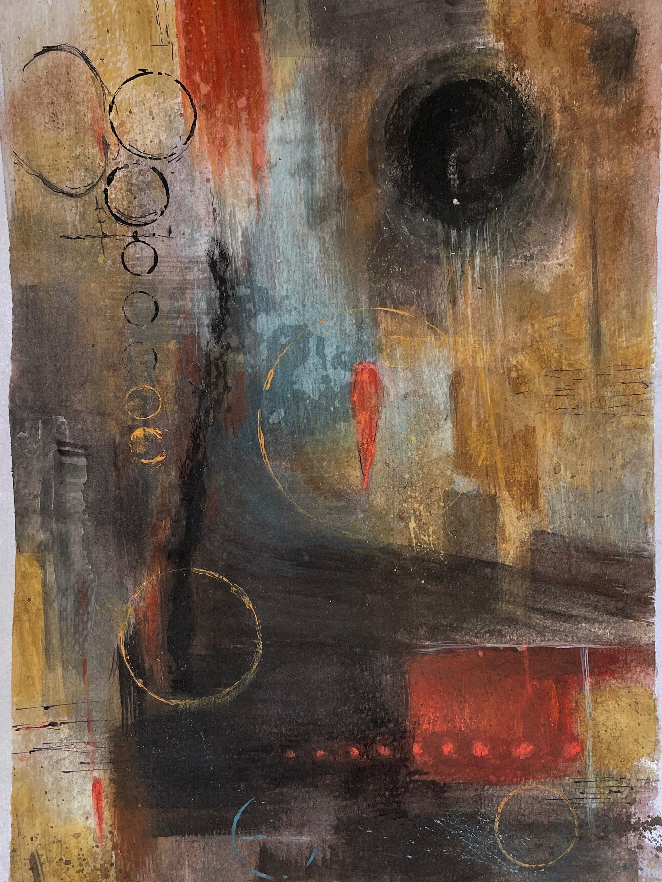 An Agreement With Uncertaintiy Mixed-media painting depicting a large body of water beneath an industrial platform, with a distant ship on the horizon and textured blue and grey surfaces.