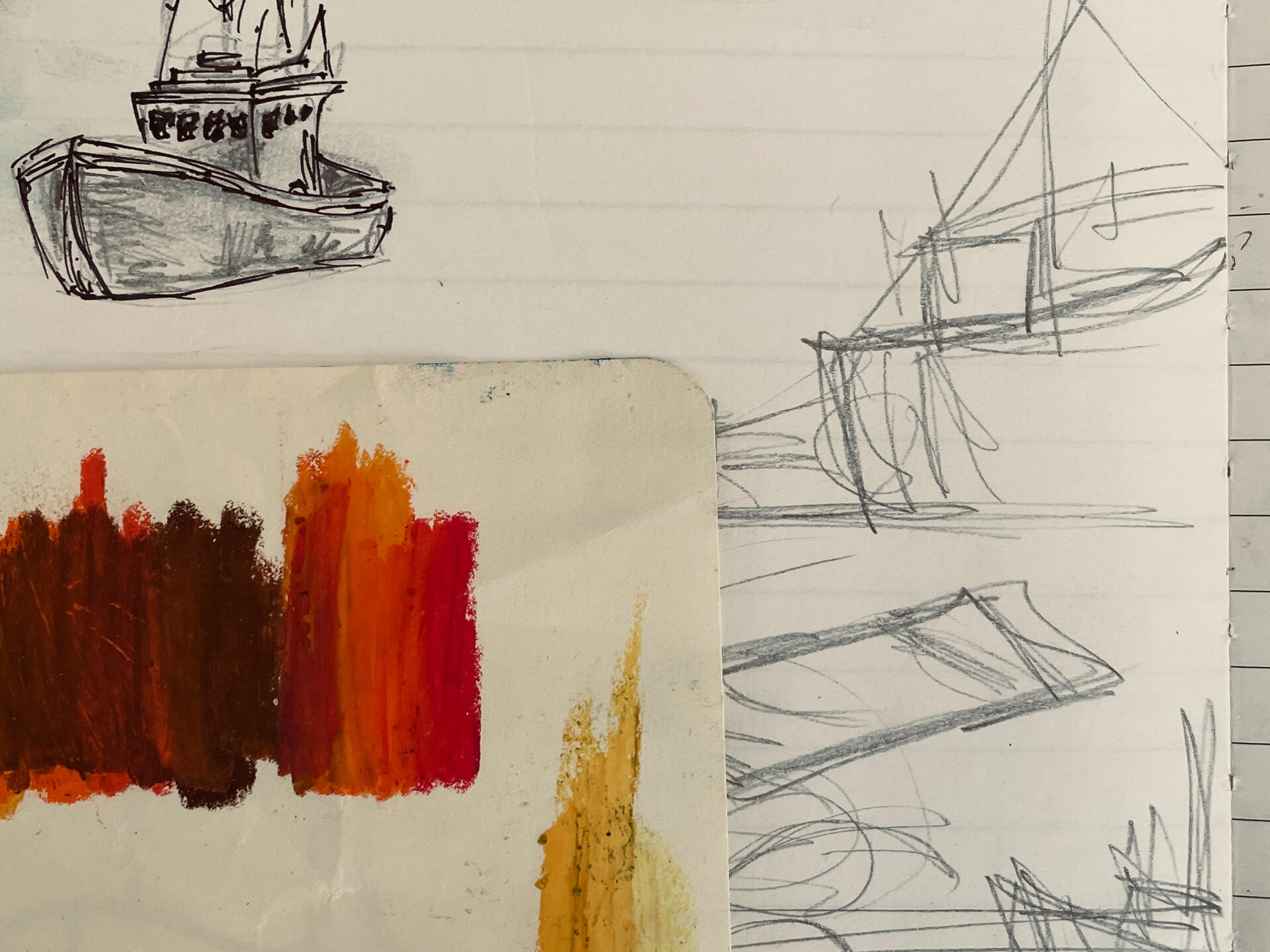 Sketchbook page with drawings and notes related to the development of An Agreement with Uncertainty.
