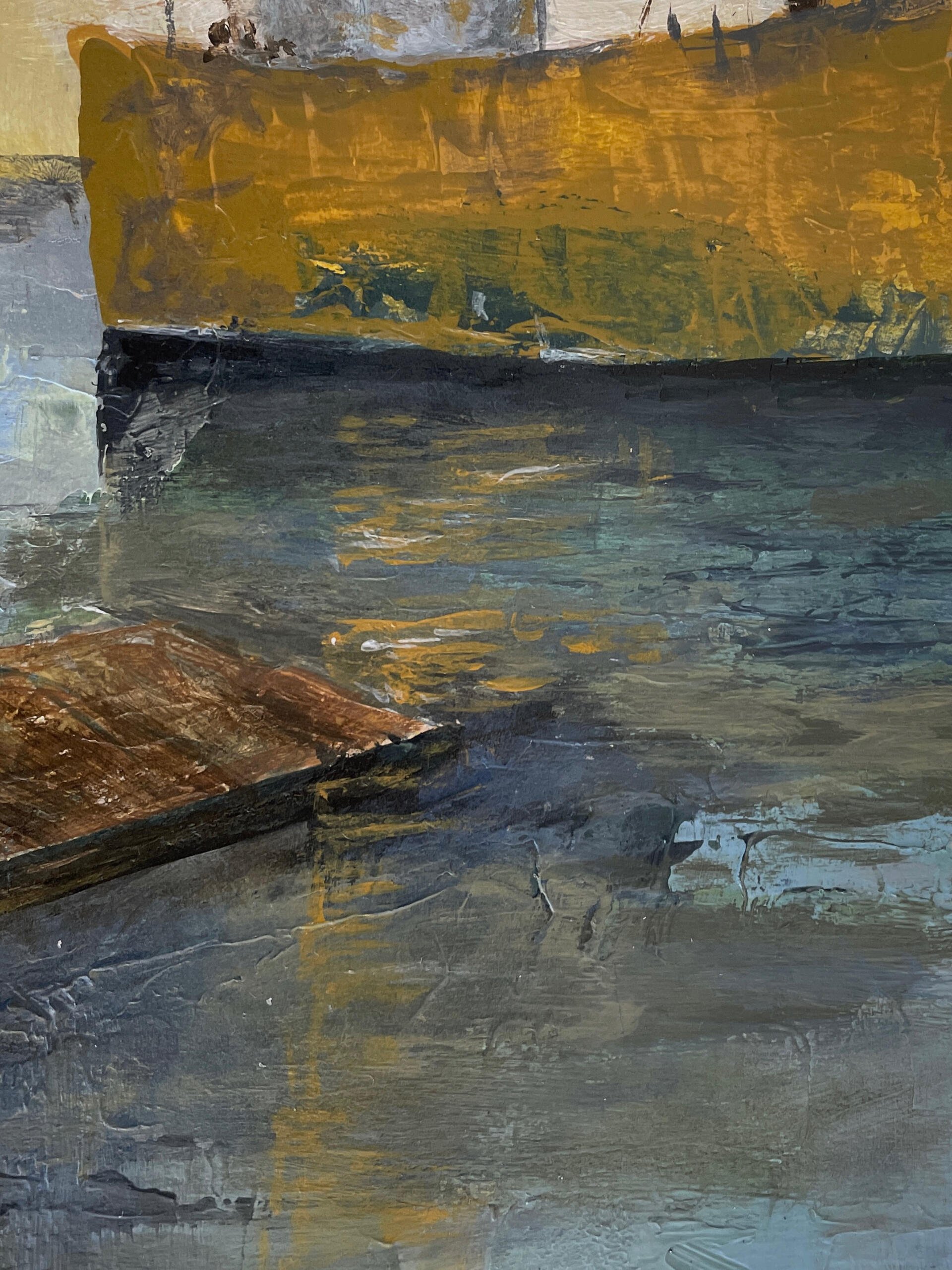 Close-up detail of the mixed-media painting Agreement with Uncertainty, showing layered textures, brushstrokes and surface detail.