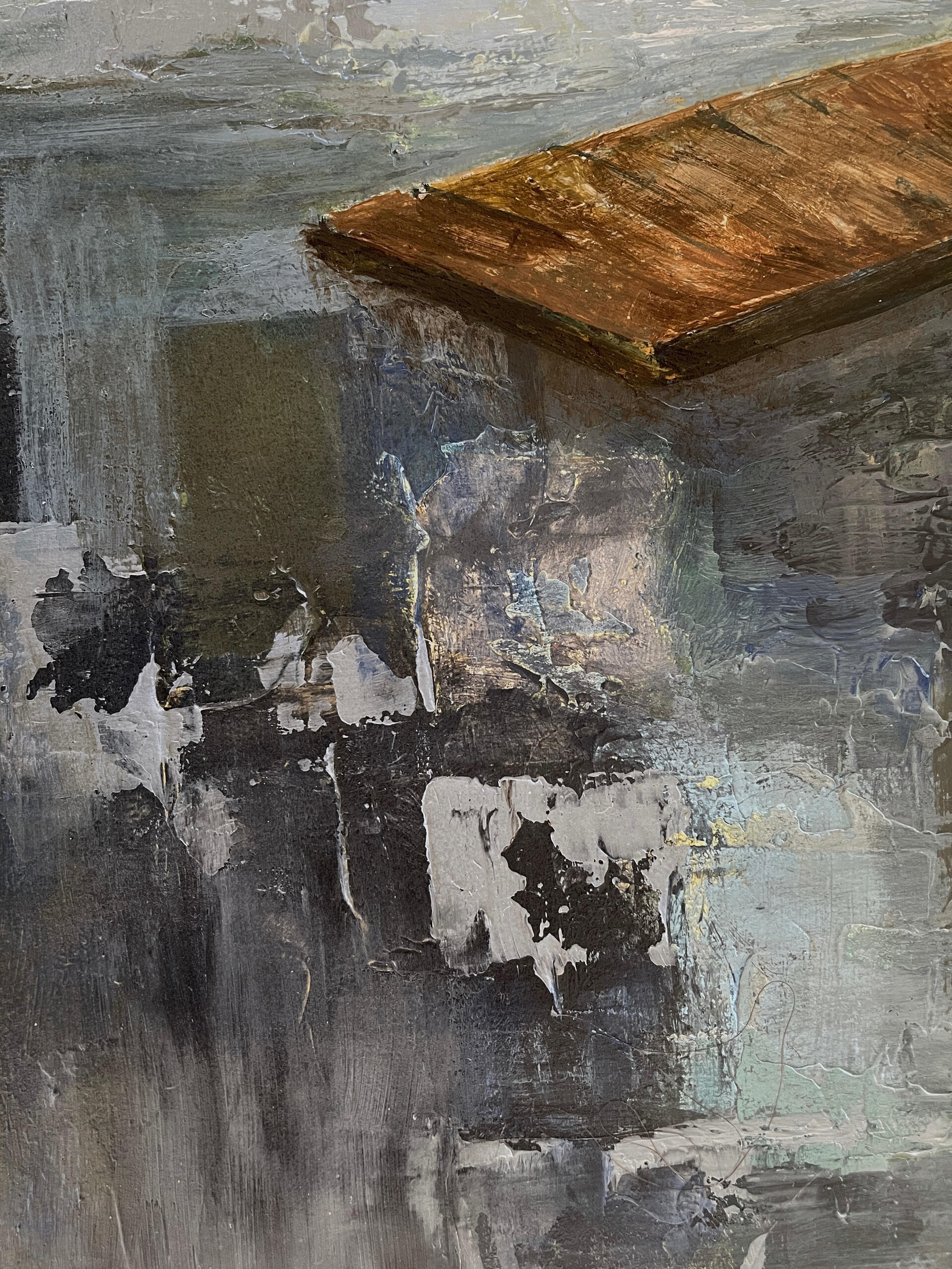 An Agreement With Uncertaintiy-Detail Close-up detail of the mixed-media painting Agreement with Uncertainty, showing layered textures, brushstrokes and surface detail.