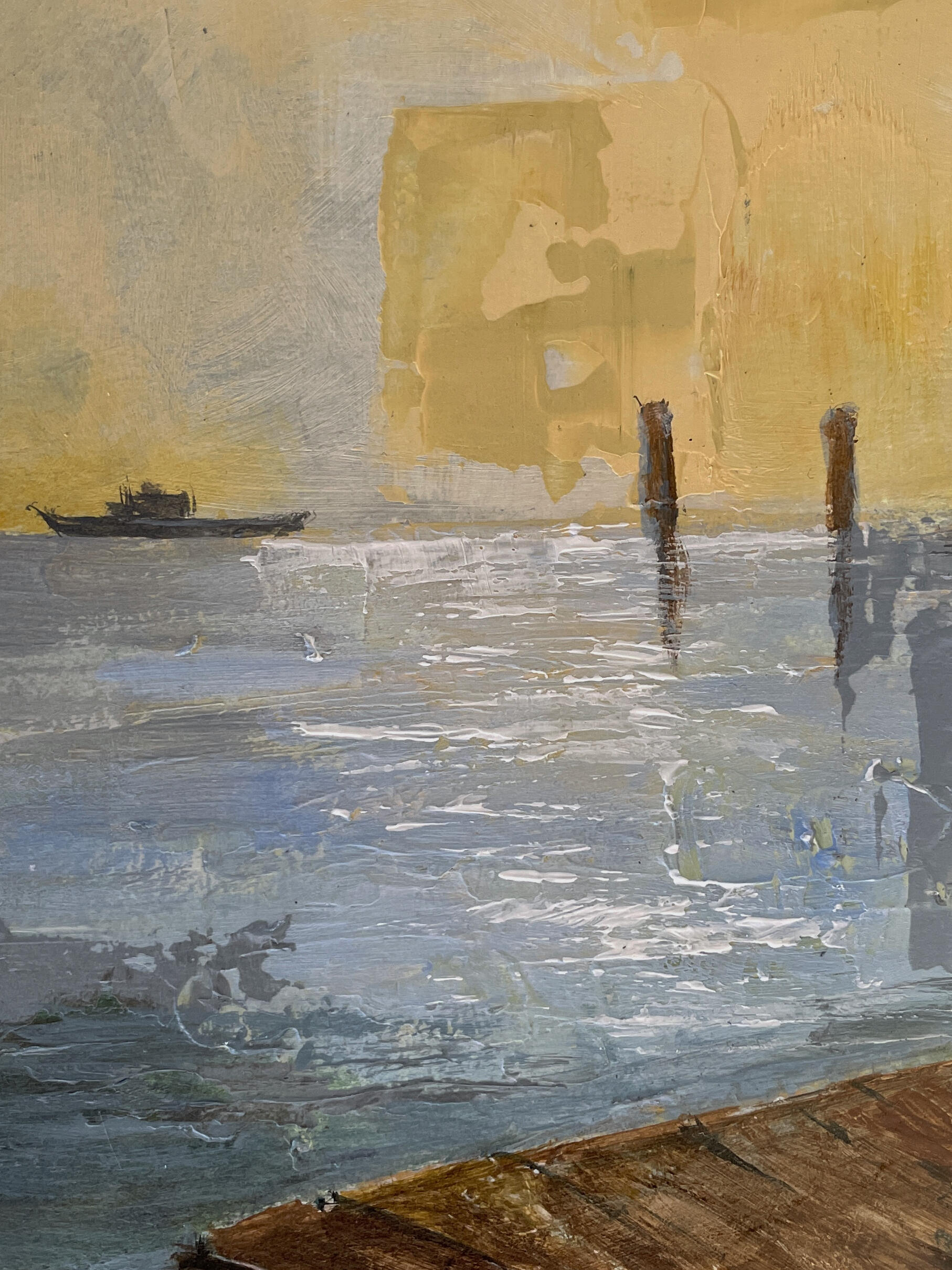 Close-up detail of the mixed-media painting Agreement with Uncertainty, showing layered textures, brushstrokes and surface detail.