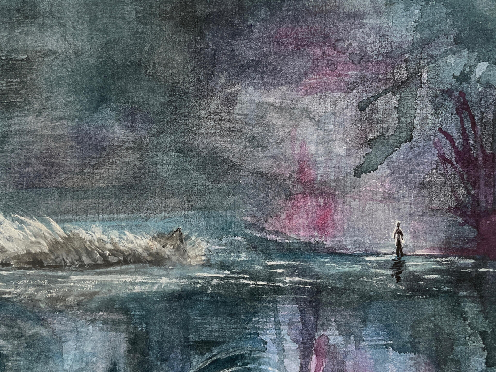 Close-up detail of the mixed-media painting The Underground Pool, showing layered textures, brushstrokes and surface detail.