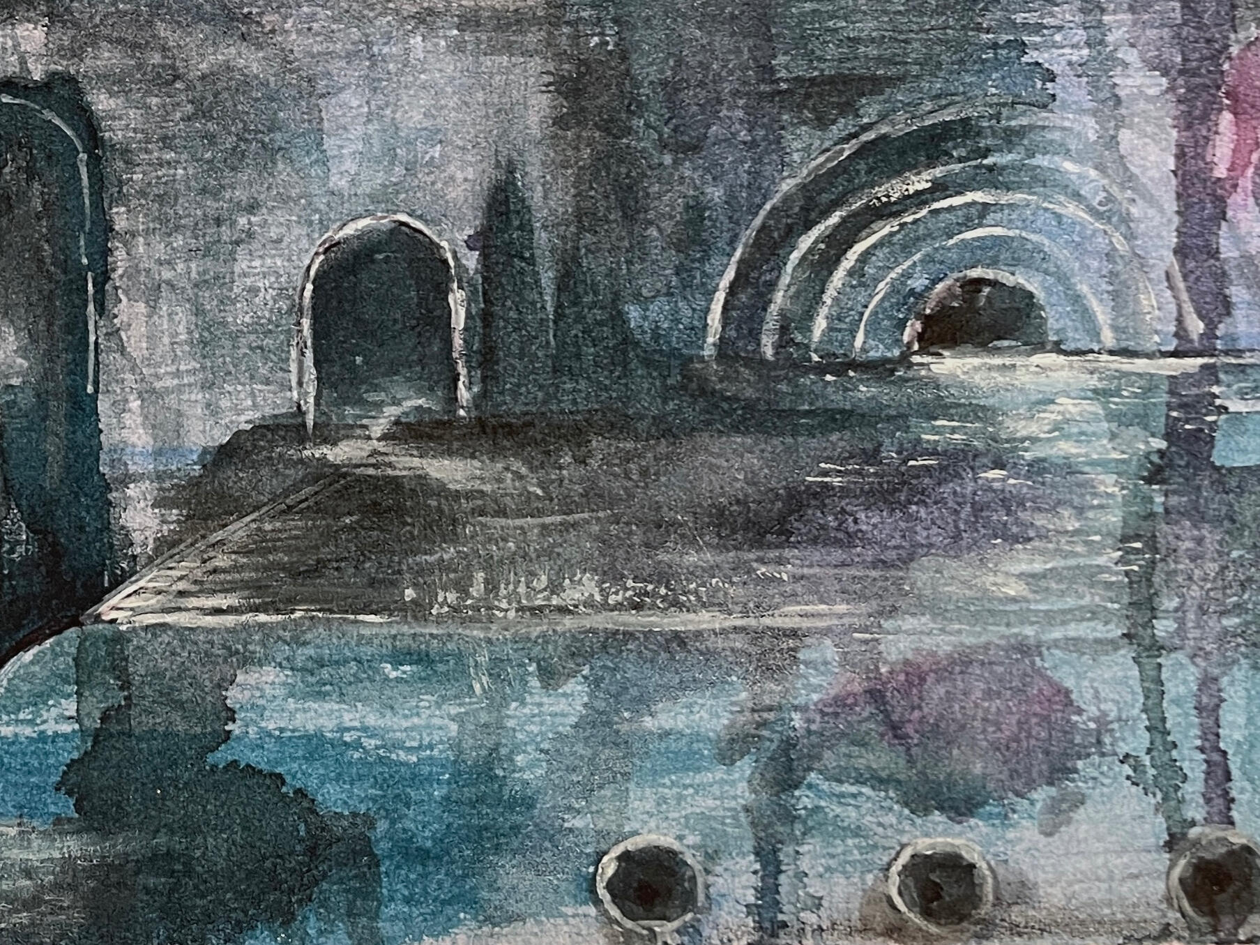 Close-up detail of the mixed-media painting The Underground Pool, showing layered textures, brushstrokes and surface detail.