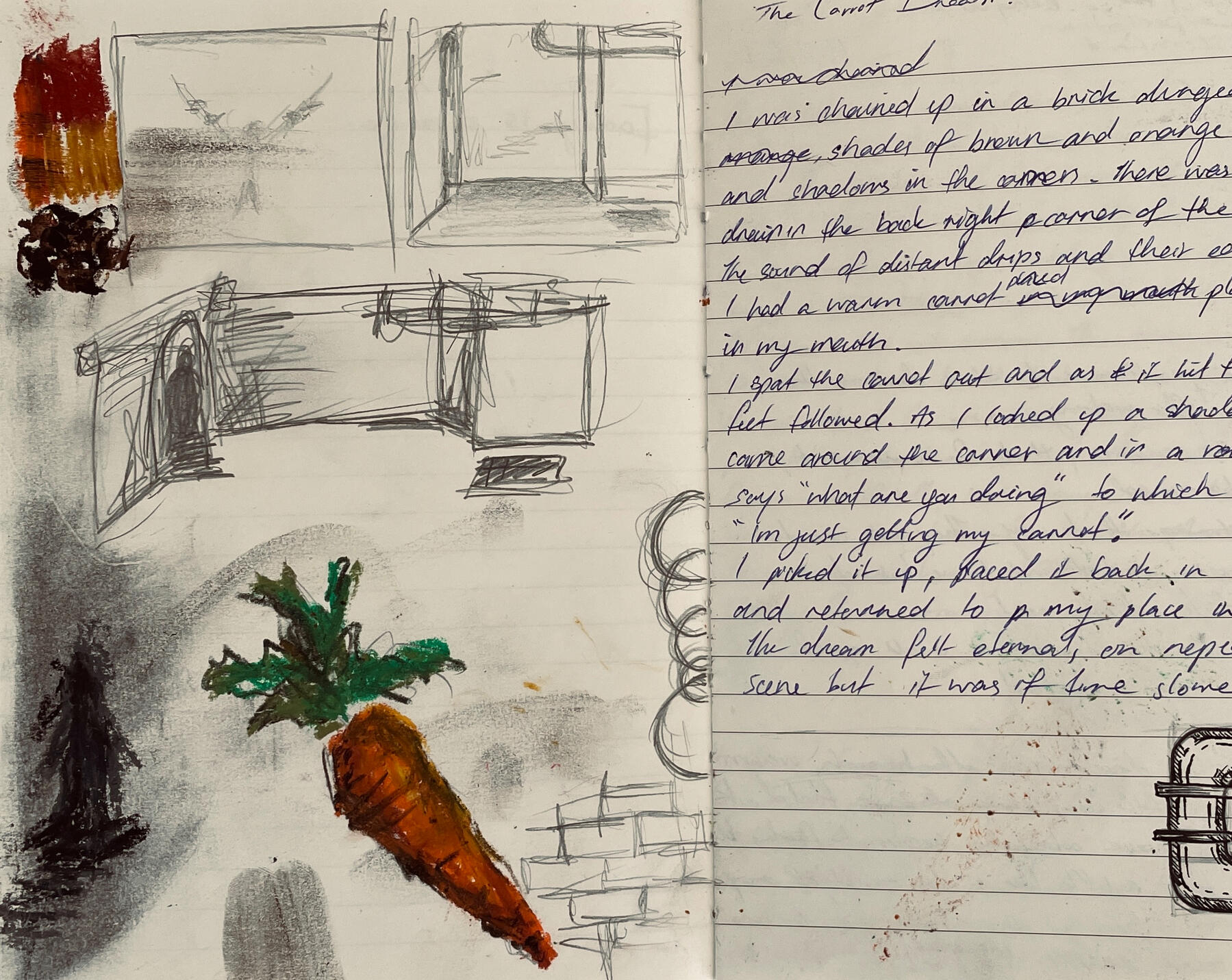 Sketchbook page with drawings and notes related to the development of Just Grabbing My Carrot.